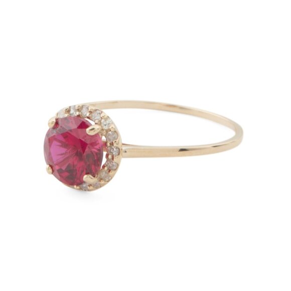 GEMOLIO Gold/Ruby 14kt Gold Lab Ruby And Diamond Halo Ring - Picture 1 of 2